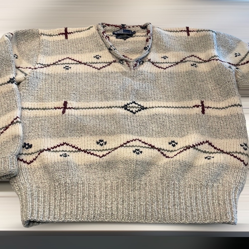 Polo Ralph Lauren 100% Wool Hand Knit Sweater Gray/Ivory/Red/Black L - Picture 6 of 9